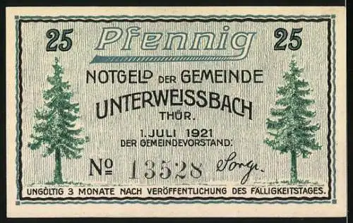 Notgeld Unterweissbach, 1921, 25 Pfennig, Automobil und Tannenbäume, Serie Nr. 13528