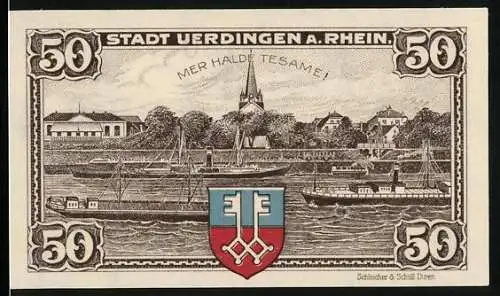 Notgeld Uerdingen am Rhein 1921, 50 Pfennig, Stadtansicht mit Kirche und Wappen, Seriennummer B. Nr. 11806