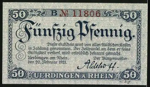 Notgeld Uerdingen am Rhein 1921, 50 Pfennig, Stadtansicht mit Kirche und Wappen, Seriennummer B. Nr. 11806