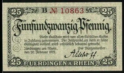 Notgeld Uerdingen am Rhein 1921, 25 Pfennig, Stadtansicht mit Wappen und Schiffen