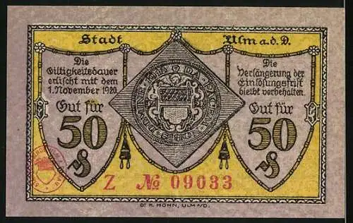 Notgeld Ulm 1918, 50 Pfennig, Gutschein der Stadt Ulm a.D. mit Gebäudeansicht und Stadtwappen