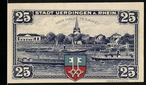 Notgeld Uerdingen am Rhein, 1921, 25 Pfennig, Stadtansicht mit Wappen und Kirche