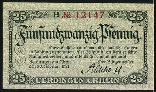 Notgeld Uerdingen am Rhein, 1921, 25 Pfennig, Stadtansicht mit Wappen und Kirche