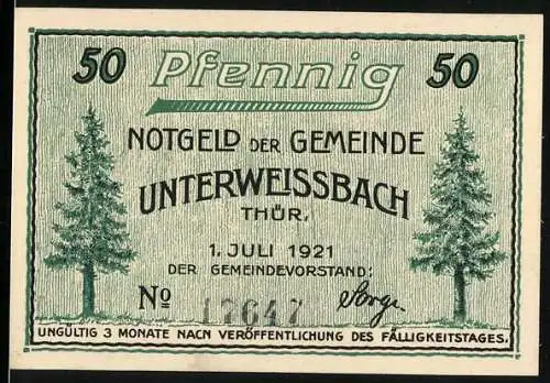 Notgeld Unterweissbach 1921, 50 Pfennig, Vorderseite mit Bäumen, Rückseite mit Porzellanwaren