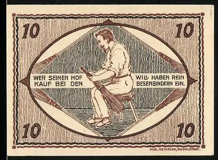 Notgeld Unterweissbach, 1921, 10 Pfennig, Besenbinder und Bäume, ungültig 3 Monate nach Veröffentlichung