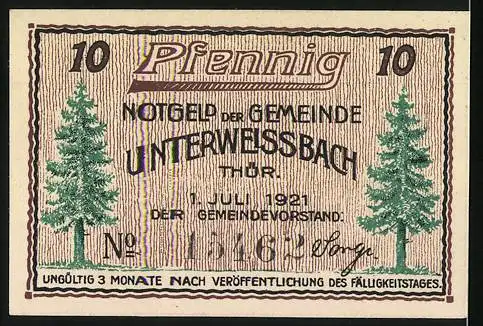 Notgeld Unterweissbach, 1921, 10 Pfennig, Besenbinder und Bäume, ungültig 3 Monate nach Veröffentlichung