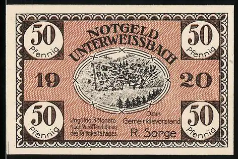Notgeld Unterweissbach 1920, 50 Pfennig, Landschaftsmotiv mit Bäumen und Häusern, Rückseite unbedruckt