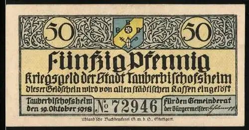 Notgeld Tauberbischofsheim 1918, 50 Pfennig, Kriegsnotgeld mit Stadtwappen und Stadtansicht im Mittelalter-Stil