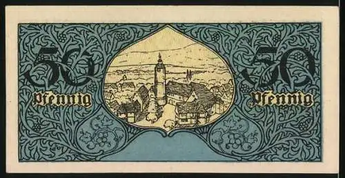 Notgeld Tauberbischofsheim 1918, 50 Pfennig, Kriegsnotgeld mit Stadtwappen und Stadtansicht im Mittelalter-Stil