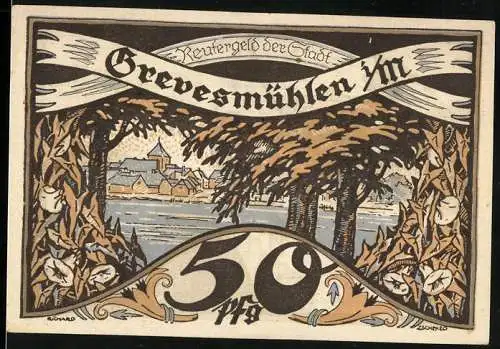 Notgeld Grevesmühlen 1922, 50 Pfennig, Stadtansicht mit Bäumen und Gedicht, Rückseite mit Wappen und Bauernszene