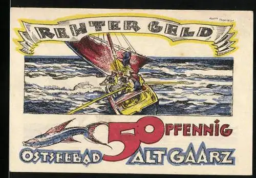 Notgeld Ostseebad Alt Gaarz, 1922, 50 Pfennig, Segelboot und Meerjungfrau-Motiv
