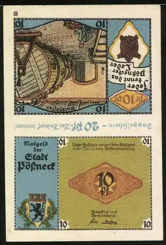 Notgeld Pössneck, Doppelschein 2x10 Pfennig, Jeder kennt das Pössnecker Leder, historische Industrieszene