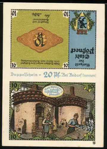 Notgeld Pössneck, 1921, 20 Pf., Doppelschein, Stadtwappen und historische Szenen