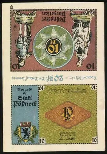 Notgeld Pössneck, 1921, 20 Pf., Doppelschein, Stadtwappen und historische Szenen