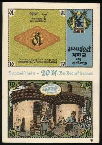 Notgeld Pössneck, 1921, 20 Pf, Doppelschein mit Stadtwappen und Handwerker-Szene