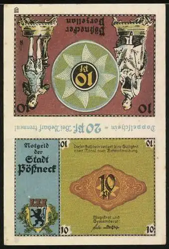 Notgeld Pössneck, 1921, 20 Pf, Doppelschein mit Stadtwappen und Handwerker-Szene