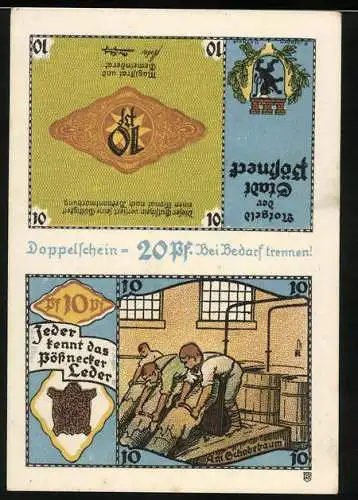 Notgeld Pössneck, 1921, 20 Pf, Doppelschein mit Gerberei Szenen und Stadtwappen