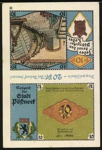 Notgeld Pössneck, 1921, 20 Pf, Doppelschein mit Gerberei Szenen und Stadtwappen