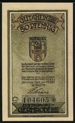 Notgeld Gernrode Harz, 1921, 50 Pfennig, Ritter mit Löwe und Wappen