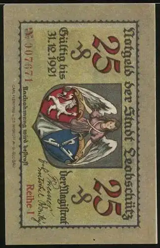 Notgeld Leobschütz, 1921, 25 Pfennig, Klosterkirche und Wappen der Stadt