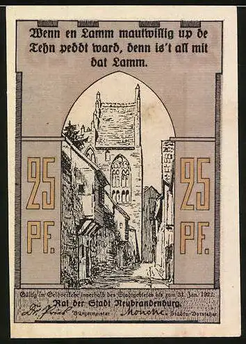 Notgeld Neubrandenburg, 25 Pfennig, Reutergeld mit Stadtansicht und Inschrift auf Rückseite