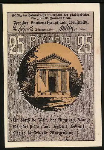 Notgeld Neustrelitz, 1922, 25 Pfennig, Gebäudeansicht und Tempelillustration