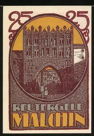 Notgeld Malchin, 1922, 25 Pf, Stadtansicht und Gedicht, Beutergeld