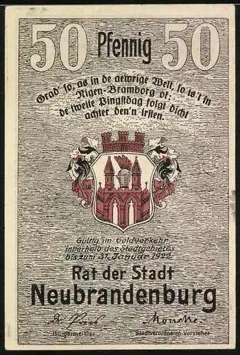 Notgeld Neubrandenburg, 1922, 50 Pfennig, Reutergeld mit Kirchenabbildung und Stadtwappen