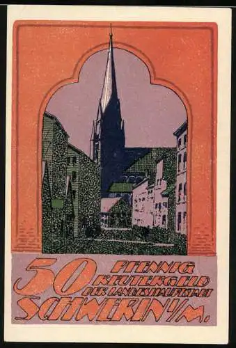 Notgeld Schwerin 1922, 50 Pfennig, Kirche und Stadtansicht mit Gedicht