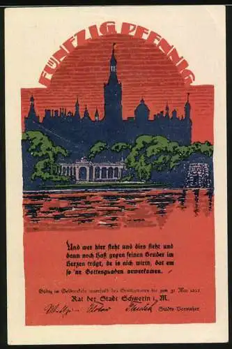 Notgeld Schwerin 1922, 50 Pfennig, Kirche und Stadtansicht mit Gedicht