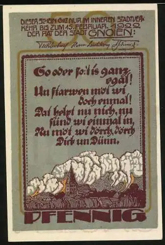 Notgeld Gnoien, 1922, 50 Pfennig, Arbeiter an Maschine und Gedicht mit Landschaft