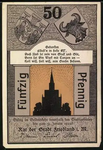 Notgeld Friedland i. M., 1921, 50 Pfennig, Reutergeld mit Kirche und Wappen