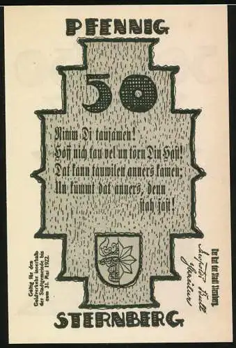 Notgeld Sternberg, 1922, 50 Pfennig, Reutergeld mit Stadtansicht und Gedicht von Fritz Reuter