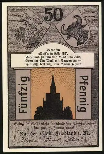 Notgeld Friedland i. M., 1921, 50 Pfennig, Reutergeld mit Stadtkirche und Stadtwappen