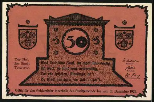 Notgeld Teterow 1921, 50 Pfennig, Brunnen und Inschrift auf Denkmal