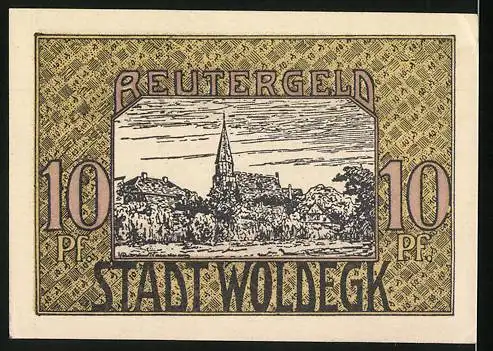 Notgeld Woldegk, 1921, 10 Pf, Stadtansicht mit Gebäuden und Kirche, Reutergeld