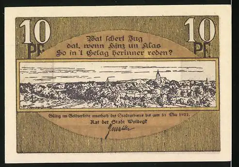 Notgeld Woldegk, 10 Pfennig, Reutergeld Stadt Woldegk mit Stadtansicht und plattdeutscher Inschrift