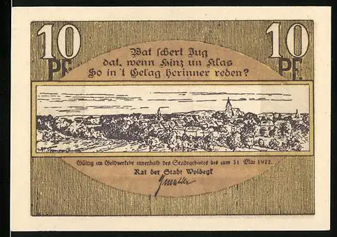 Notgeld Woldegk, 1921, 10 Pf, Stadtansicht und Spruch, Reutergeld