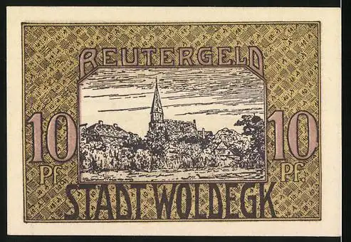 Notgeld Woldegk, 1921, 10 Pf, Stadtansicht und Spruch, Reutergeld