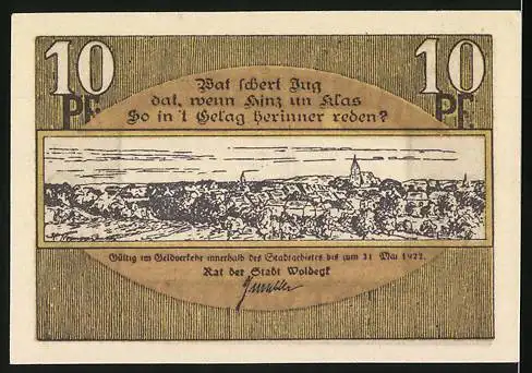 Notgeld Woldegk, 10 Pf, Reutergeld mit Stadtansicht und Plattdeutscher Aufschrift