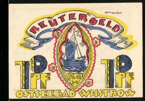 Notgeld Ostseebad Wustrow, 1921, 10 Pf, Segelschiff mit Fahne und Gedicht
