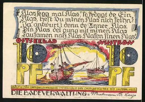 Notgeld Ostseebad Wustrow, 1921, 10 Pf, Segelschiff mit Fahne und Gedicht