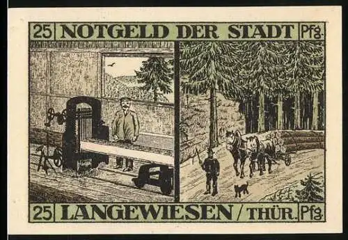 Notgeld Langewiesen, 1921, 25 Pfennig, Mann an der Säge und Pferdefuhrwerk im Wald