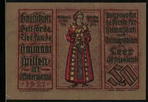 Notgeld Leer Ostfriesland 1921, 50 Pfennig, historische Tracht und Gebäude, beidseitig bedruckt