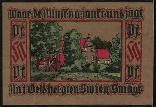 Notgeld Leer Ostfriesland 1921, 50 Pfennig, historische Tracht und Gebäude, beidseitig bedruckt