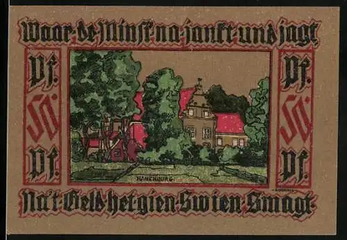 Notgeld Leer, 1920, 50 Pfennig, Bild von Haneburg und mittelalterlicher Dame im Kleid