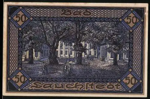 Notgeld Lauchstedt 1921, 50 Pfennig, Rathaus und Stadtansicht