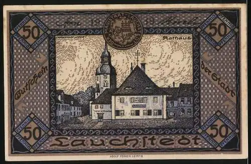 Notgeld Lauchstedt 1921, 50 Pfennig, Rathaus und Stadtansicht