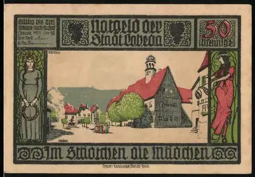 Notgeld Lobeda, 1921, 50 Pfennig, Stadtansicht und Frauenfiguren, Burgruine und Ritter