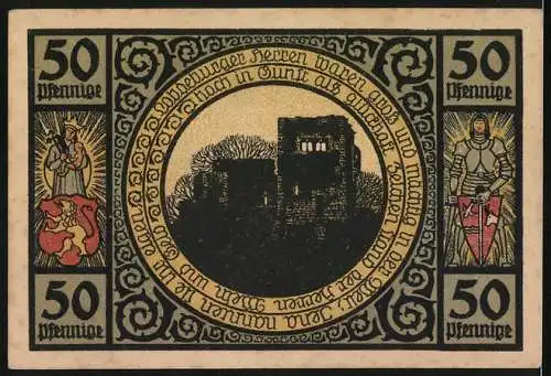 Notgeld Lobeda, 1921, 50 Pfennig, Stadtansicht und Frauenfiguren, Burgruine und Ritter